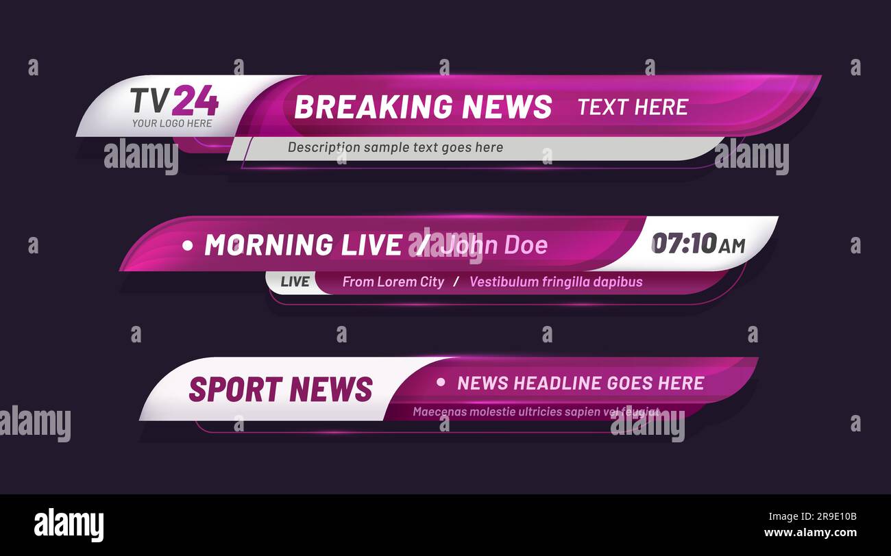Violette Nachrichtenleiste, unterer dritter Titel, tv-Überschrift. Vektorvideotitel, TV-Informationszeilen. Moderne, isolierte Grafikvorlage in Violett und Weiß. Rundfunkstreifen, Layout mit Text Stock Vektor