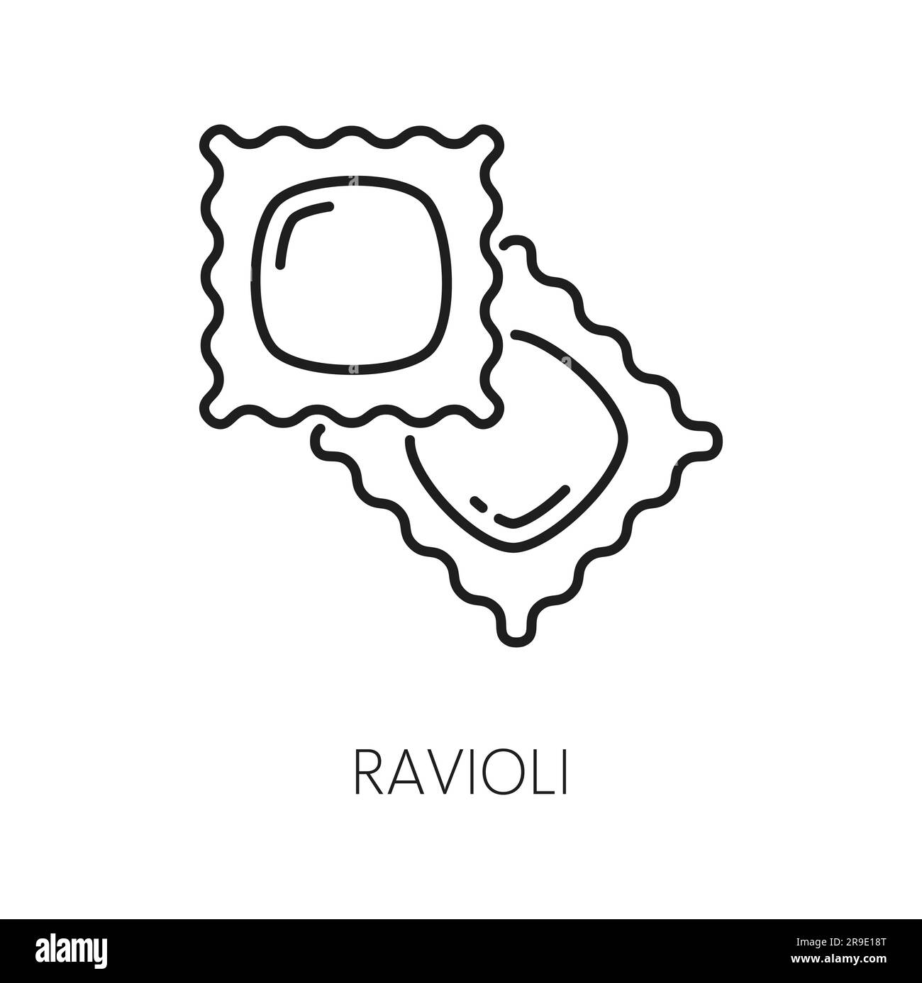 Nudelsorte mit Ravioli oder Ravioli und Füllkontur. Nudelteig mit Vektorumhüllung, italienische Küche. Ravioli-Quadrate mit Mehl Stock Vektor