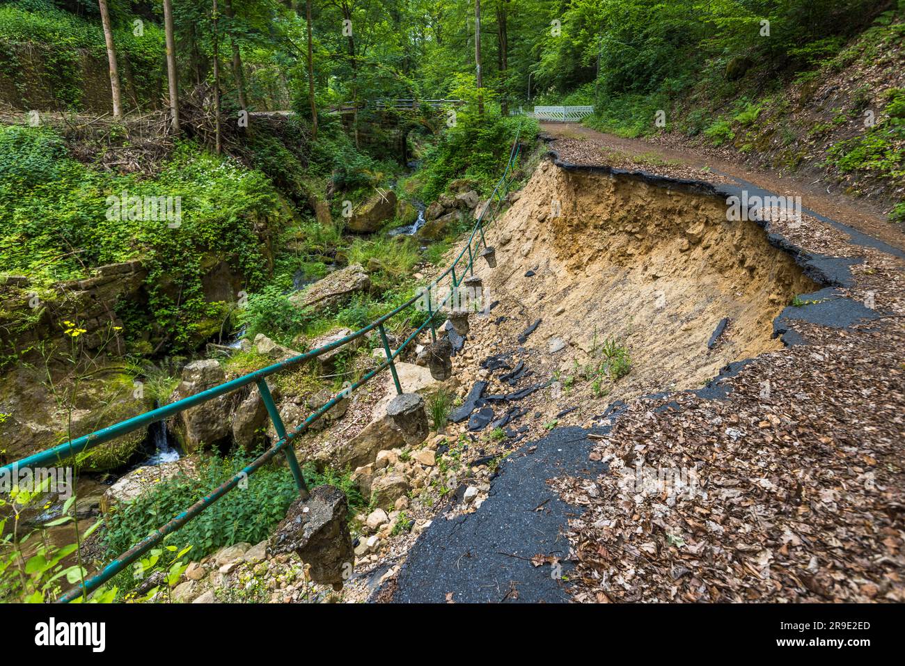 Hochwasserschäden an der Straßeninfrastruktur im Hirschgrund an der Elbe bei Schöna. Starke Regenfälle spülten eine Straße aus und rissen Teile des Weges weg. Sächsische Schweiz Stockfoto