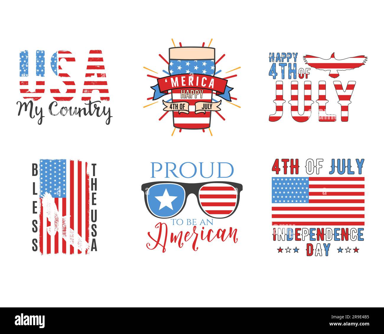 4. von Juli Typografie 6-Designs mit Zitaten und Elementen - Hot Dog, Flaggen. Die Klippen des UNABHÄNGIGKEITSTAGES DER USA. Kalligraphie 4. Juli, Schriftzug CO Stock Vektor