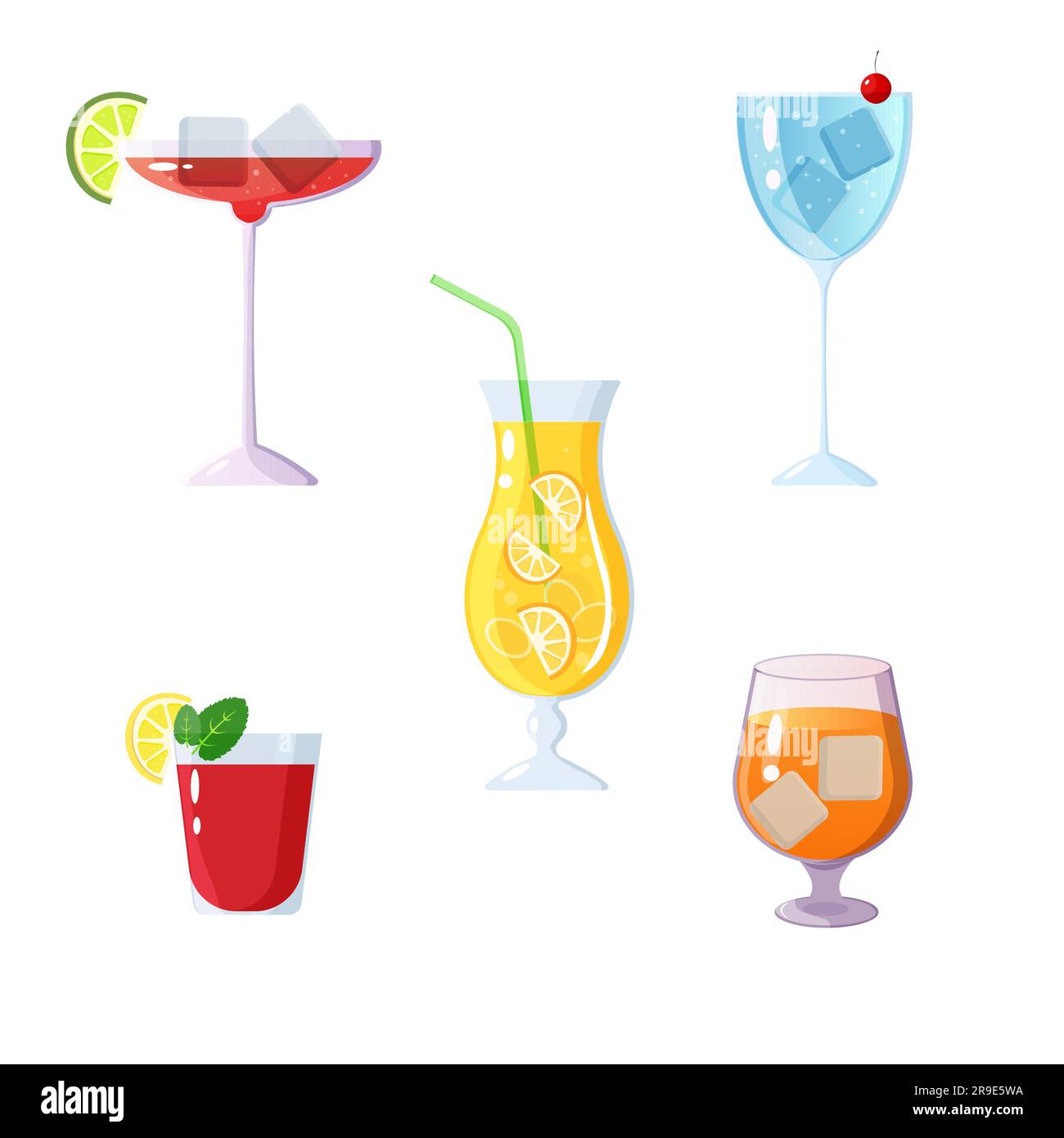 Cocktails und Getränke auf einem isolierten weißen Hintergrund. Manhattan, Bloody mary, Kirschsoda, Whiskey, Limonade. Stock Vektor