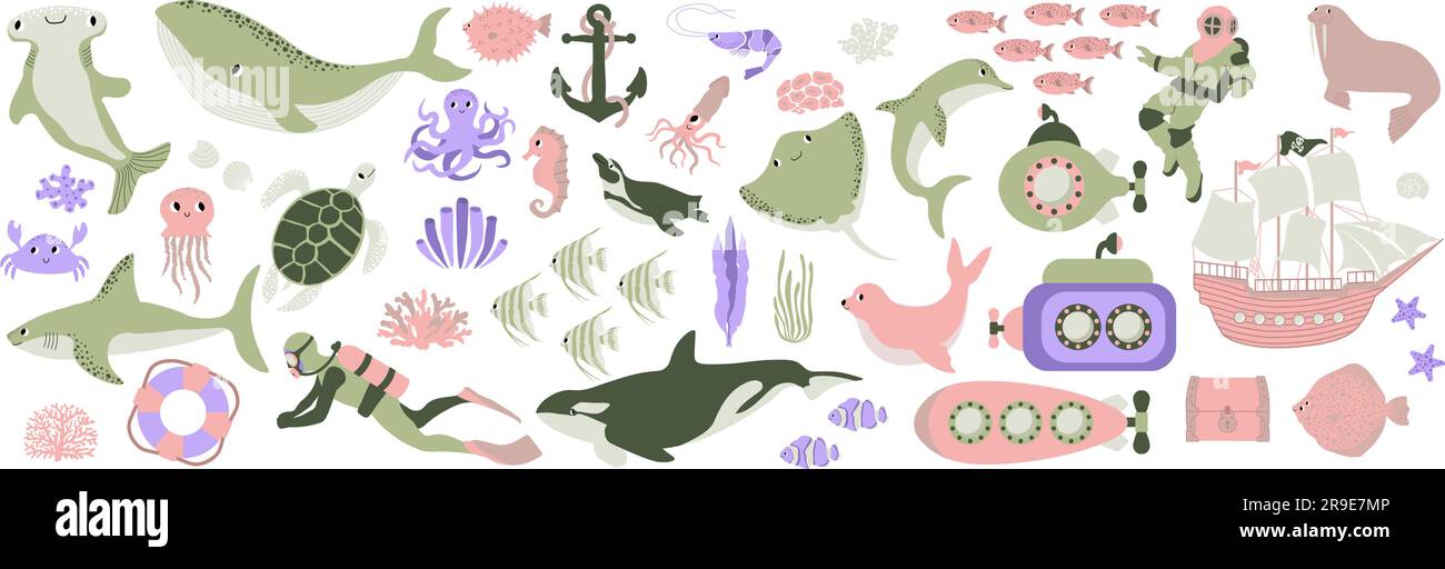 Vector Ocean Mega Set mit Wal, Schildkröte, Quallen, Haien, Krabben, Kraken, Taucher, Pinguin, Tintenfisch, Delfin, Walross, Schiff. Unterwassertiere. Illustration für Stock Vektor