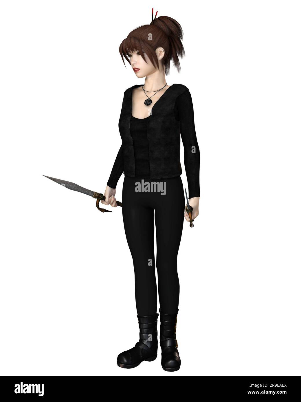 Weibliche asiatische Assassine mit Schwertern, stehend Stockfoto