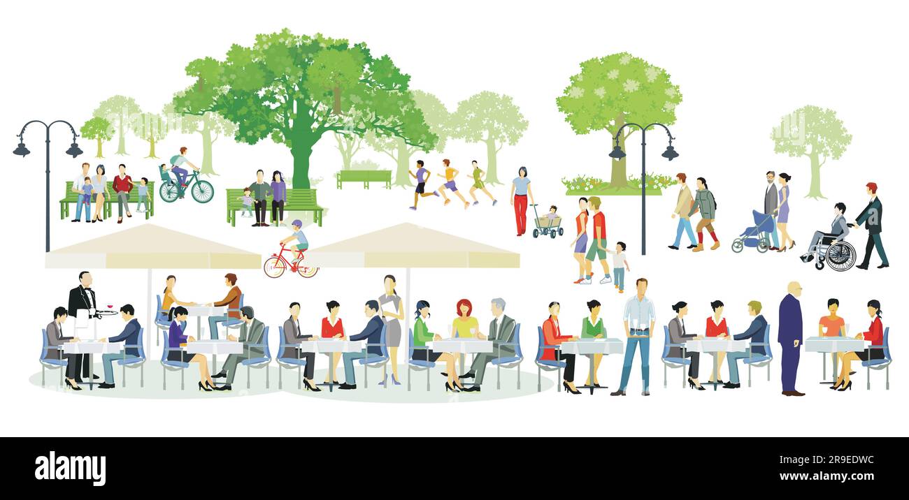Park mit Gartenrestaurant und Menschen zur freien Verfügung, Illustration Stock Vektor