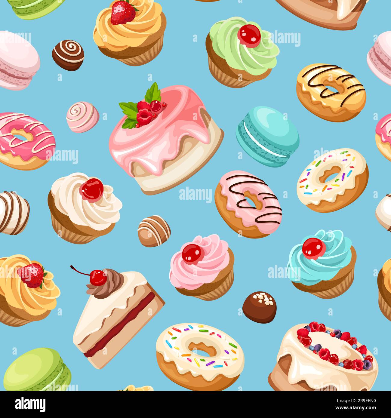 Nahtloses Muster mit bunten Kuchen, Cupcakes, Makronen, Donuts, Süßigkeiten, Und andere Süßigkeiten auf blauem Hintergrund. Vektordarstellung Stock Vektor