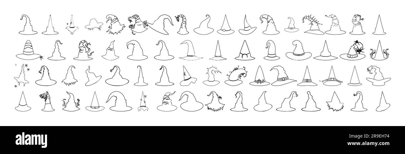 Set aus linearer Silhouette mit Hexenhut-Symbol, Clip Art Stock Vektor