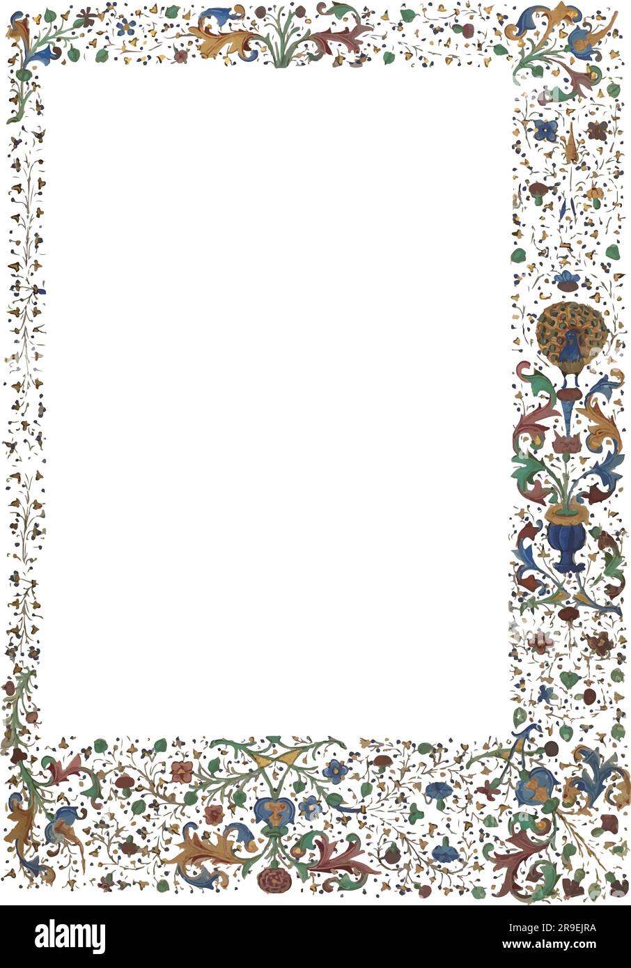 Mittelalterlicher Stil, beleuchtete Blumenränder, Pfau am Rand Stock Vektor