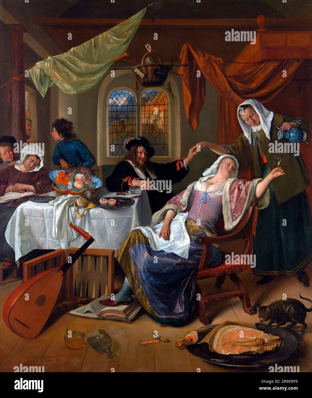Jan Steen. „The Dissolute Household“ des niederländischen Künstlers aus dem Goldenen Zeitalter, Jan Havickszoon Steen (ca. 1626 1679), Öl auf Leinwand, c... 1663/4 Stockfoto