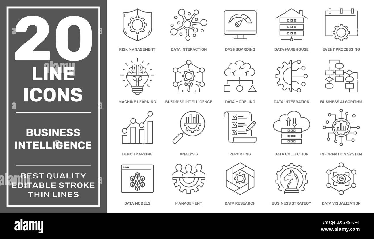 Satz von Symbolen für Business Intelligence und Business Management, wie maschinelles Lernen, Datenmodellierung, Entwicklung, Visualisierung, Risiko Stock Vektor