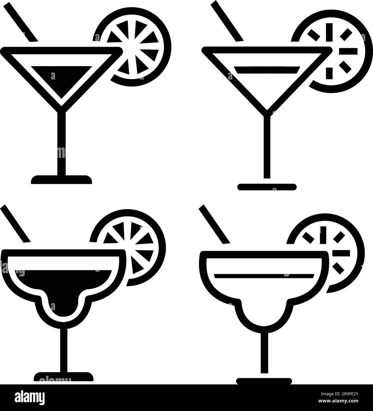 Glas-Vektor-Symbolsatz für Getränke. Margarita Cocktail Icon Kollektion. Cocktail margarita Glas mit Limettenscheibe. Symbol „Linie und flach“. Weinglas. Balkensymbol Stock Vektor