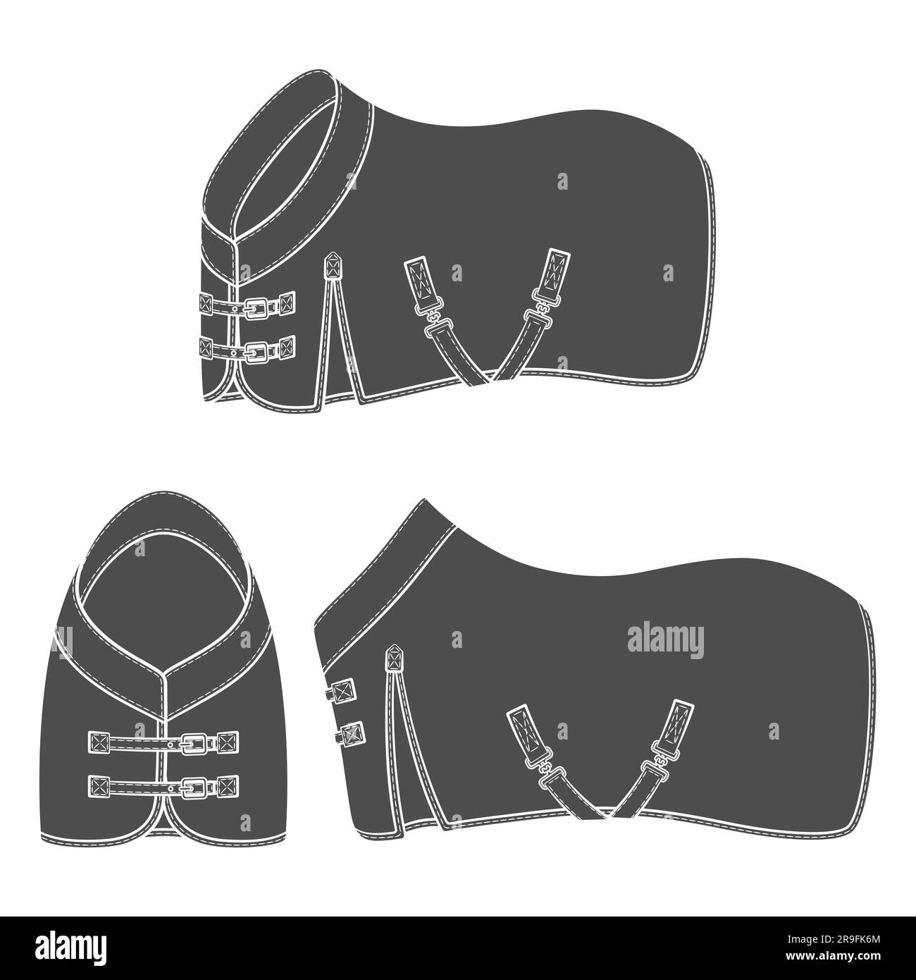 Schwarz-weiße Illustrationen mit Pferdedecke und Horsecloth. Isolierte Vektorobjekte auf weißem Hintergrund. Stock Vektor