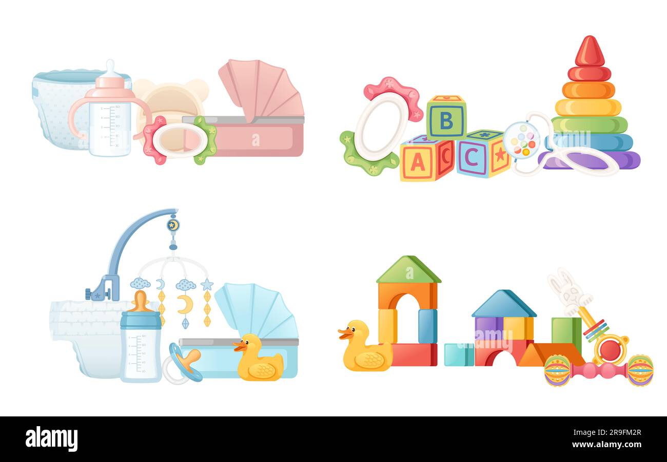 Set mit Gegenständen für Babywagen Milchflasche und Spielzeug Vektorabbildung isoliert auf weißem Hintergrund Stock Vektor