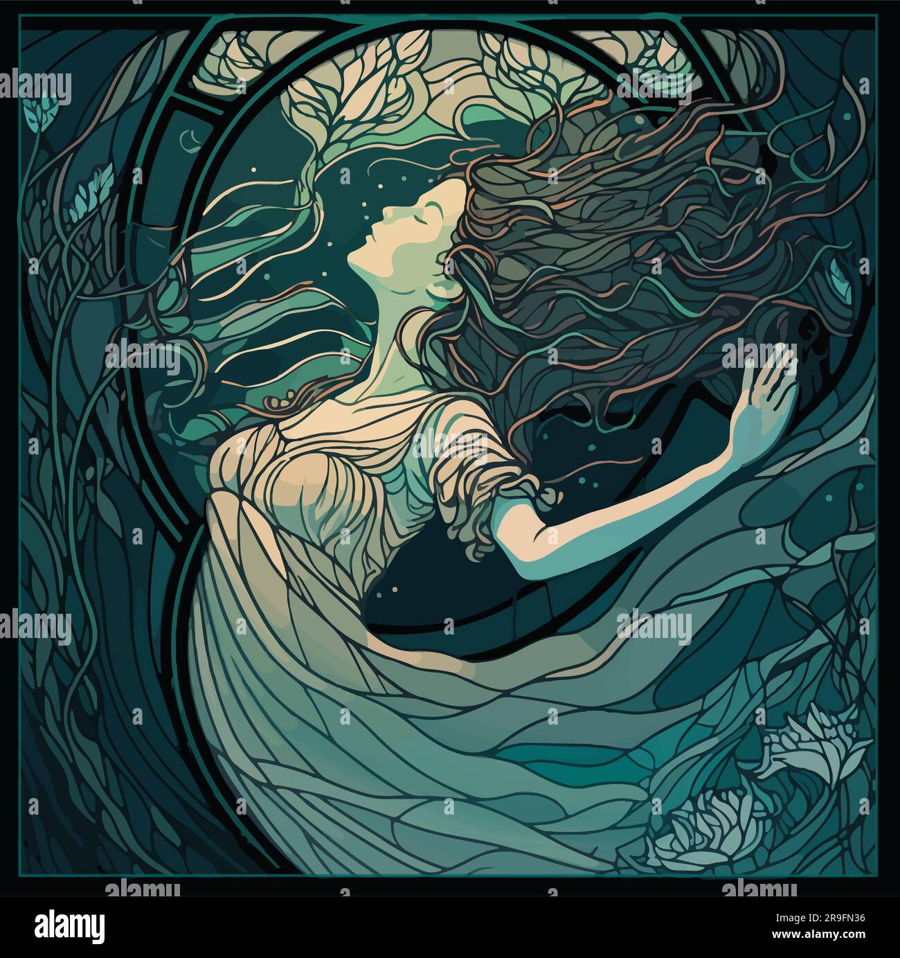 Jugendstilvektor einer Frau unter Wasser, Ophelia aus Hamlet Stock Vektor