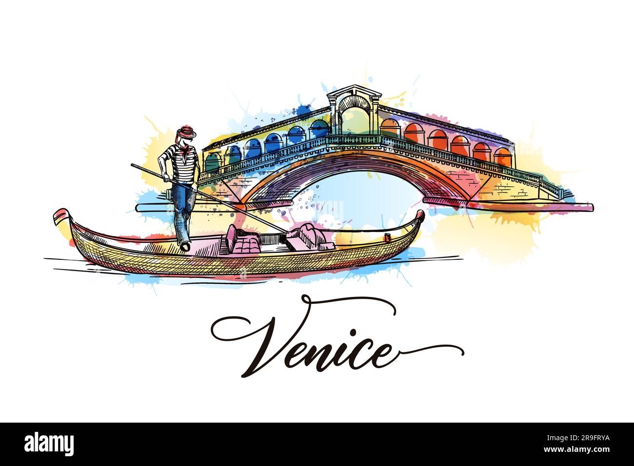 Reisen Sie nach Italien Poster Venedig, Grußkarte, Druck mit handgezeichneten Kalligrafien. Vektorskizze von Rialtobrücke, Gondel, gondo Stock Vektor