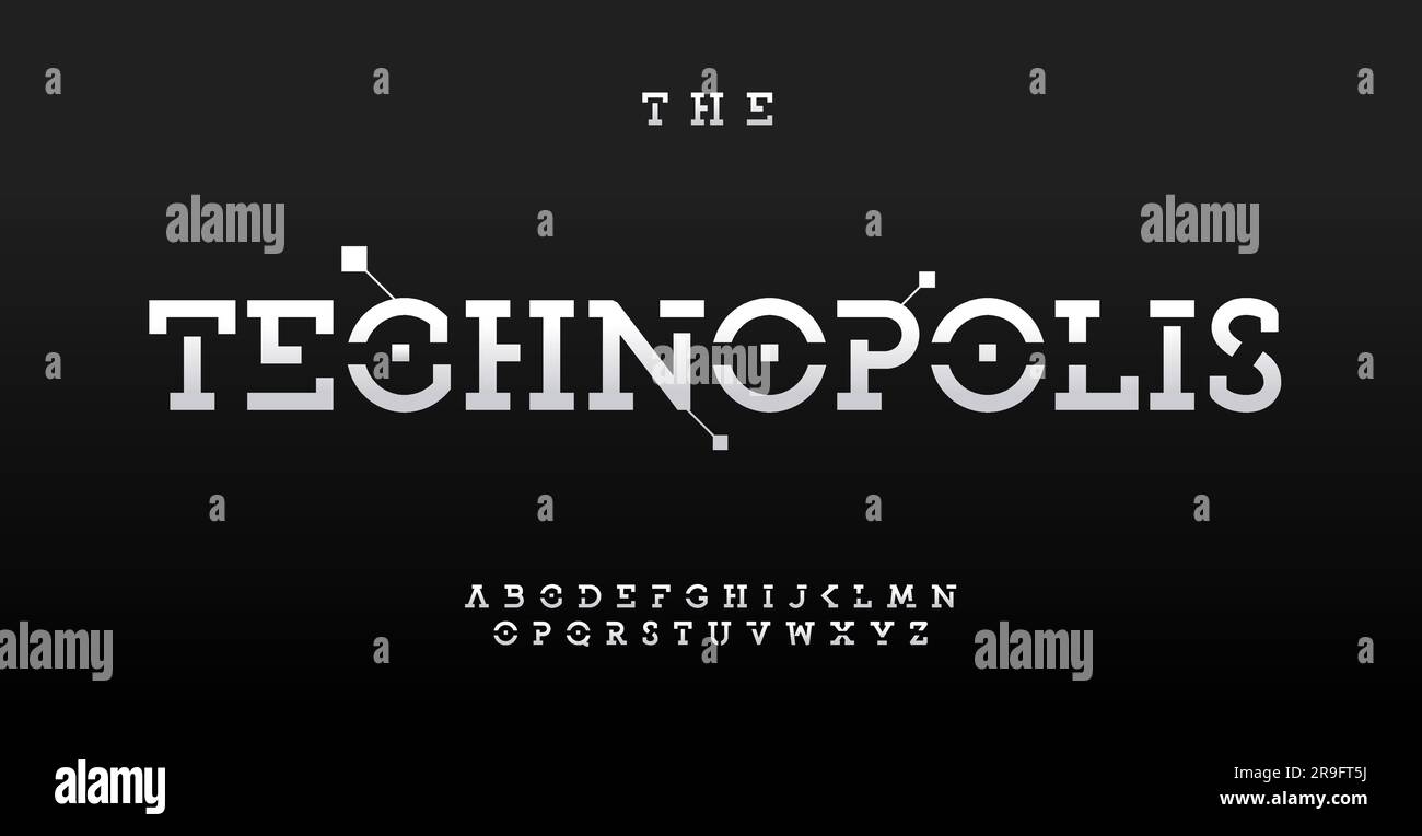 Schablonen-Alphabet, kräftige Serifenbuchstaben, robuste Schrift für Techno Core Logo, futuristische Überschrift, schlankes Typografisches Design. Vektortypsatz Stock Vektor