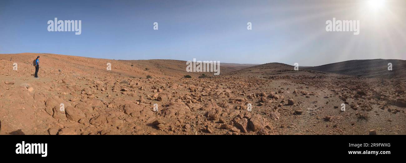 Wanderung durch die Steinwüste in der Nähe von Amtoudi im Anti-Atlas, Marokko Stockfoto