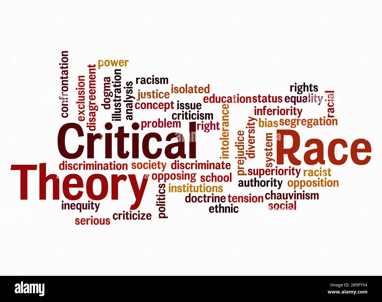 Word Cloud mit dem Konzept „Critical Race Theory“ wird nur mit Text erstellt. Stockfoto