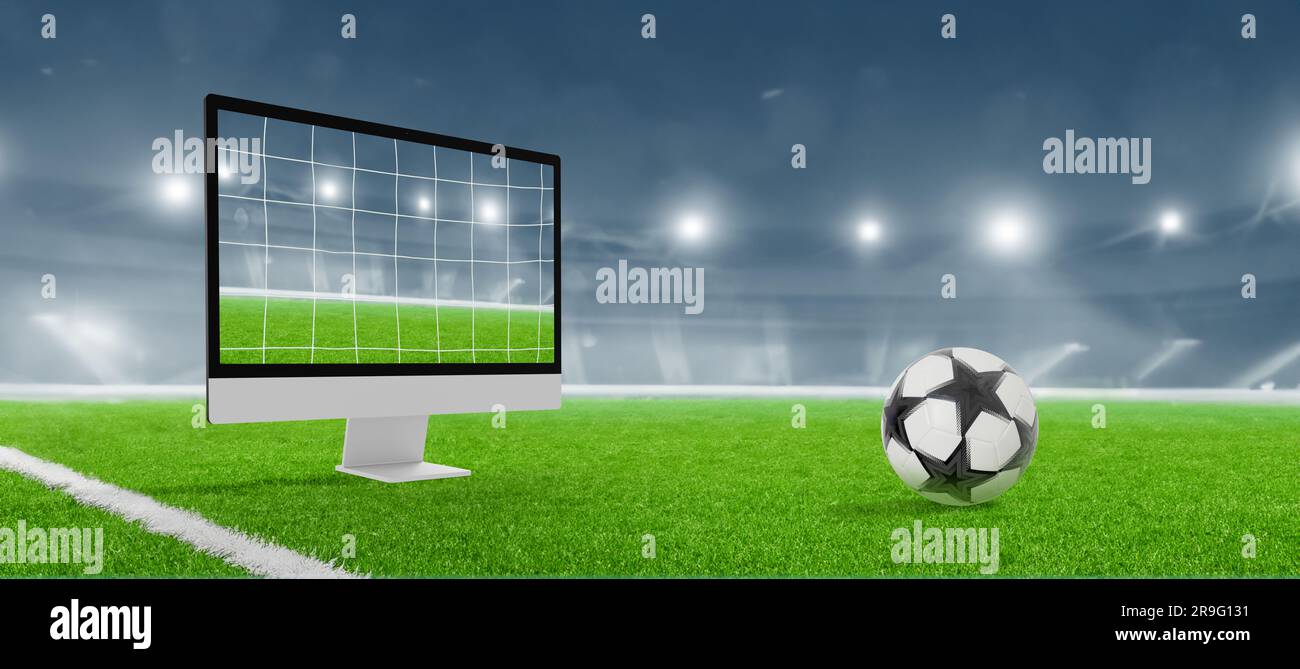 Computer Display Goal net Konzept. Fußballstadion im Hintergrund. Fußball auf dem Rasen Stockfoto