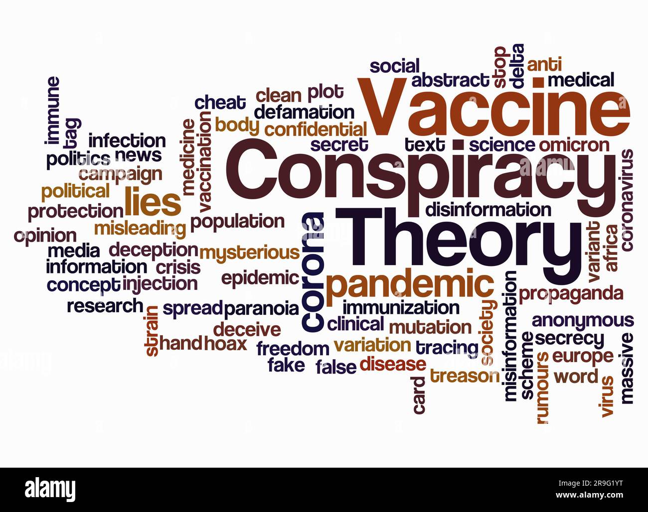 Wortwolke mit IMPFSTOFF VERSCHWÖRUNGSTHEORIE Konzept nur mit Text erstellen. Stockfoto