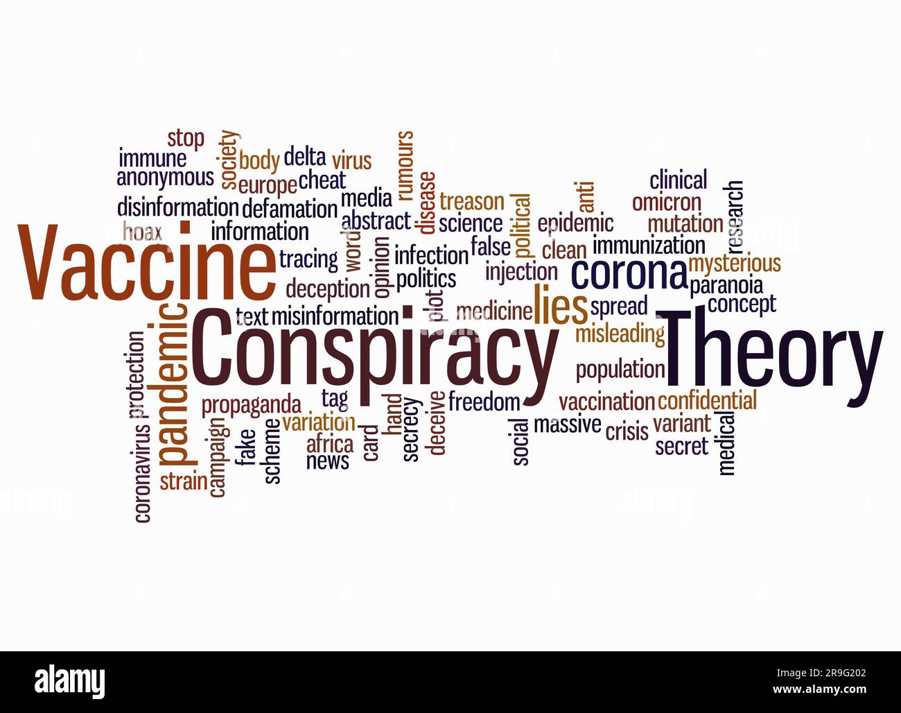 Wortwolke mit IMPFSTOFF VERSCHWÖRUNGSTHEORIE Konzept nur mit Text erstellen. Stockfoto