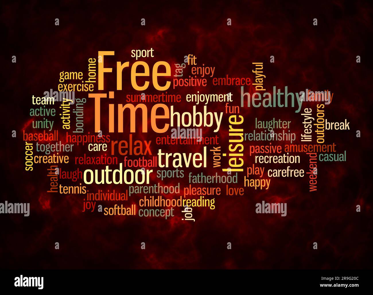 Word Cloud mit FREIZEITKONZEPT nur mit Text erstellen. Stockfoto