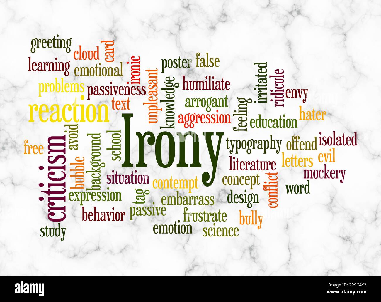 Wortwolke mit IRONIE-Konzept wird nur mit Text erstellt. Stockfoto