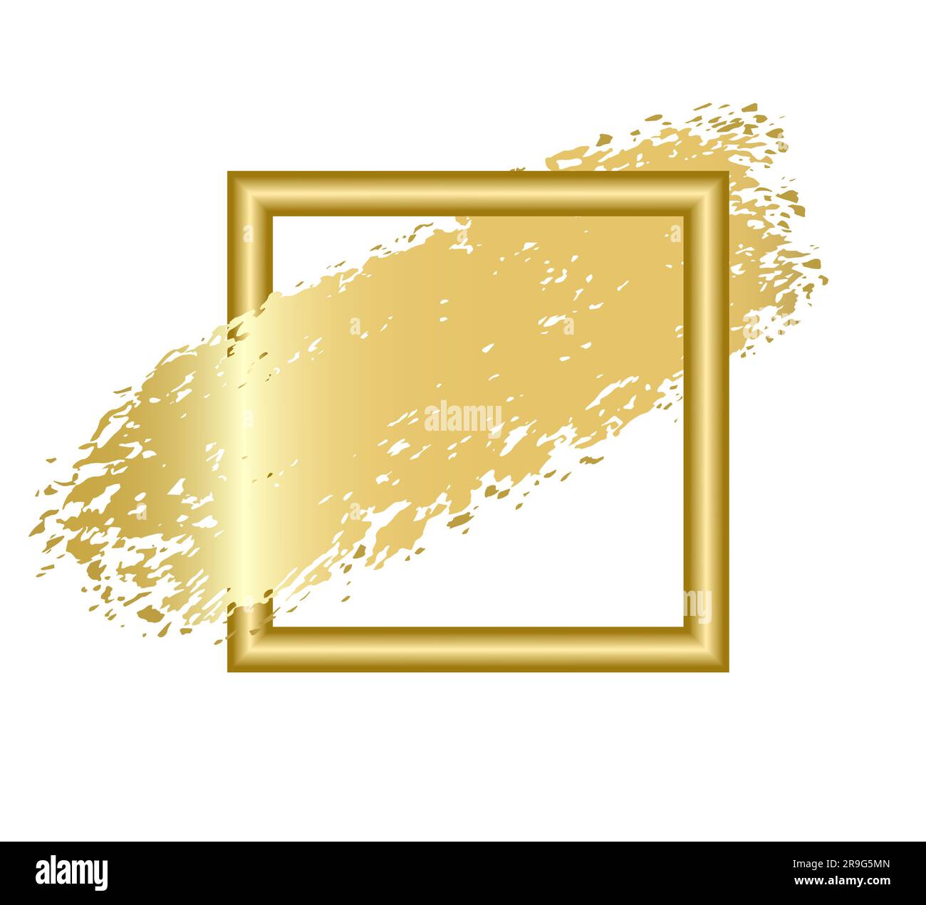 Goldener Spritzpinsel über goldenem quadratischem Rahmen. Kopieren Sie die Darstellung des Space Vector, isoliert auf weißem Hintergrund Stock Vektor