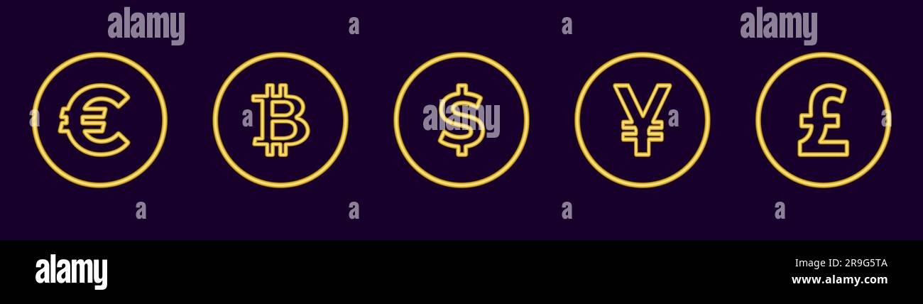 Goldene Währungssymbole Gelddesign Goldenes Münzsymbol Vektordarstellung isoliert auf dunklem Hintergrund Stock Vektor