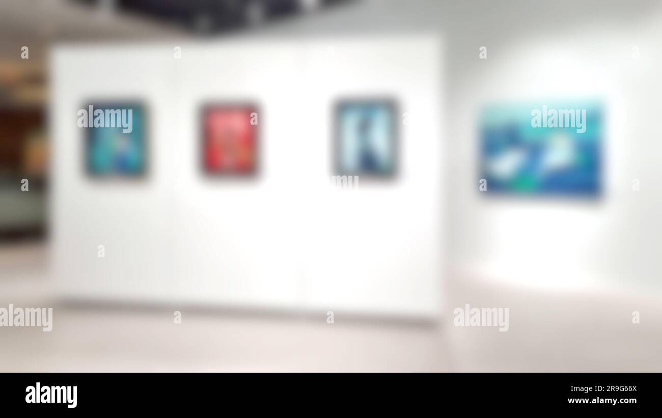Kunstgalerie, zeitgenössische Gemälde. Unscharfer Hintergrund. Stockfoto