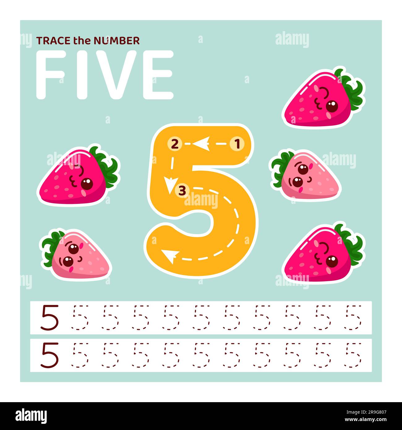 Spur Nummer fünf. Zählen und Schreiben lernen. Stock Vektor
