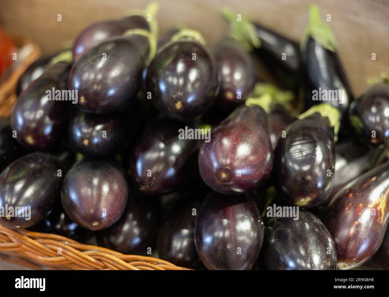 Ein Haufen frischer, lila Auberginen am Marktstand Stockfoto