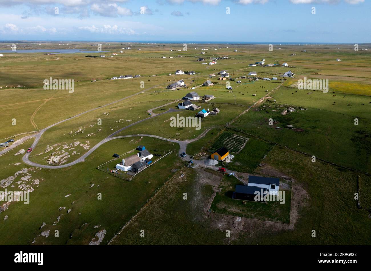 Luftaufnahme der Balevullin-Siedlung auf der Insel Tiree, Innenhebirden, Schottland. Stockfoto