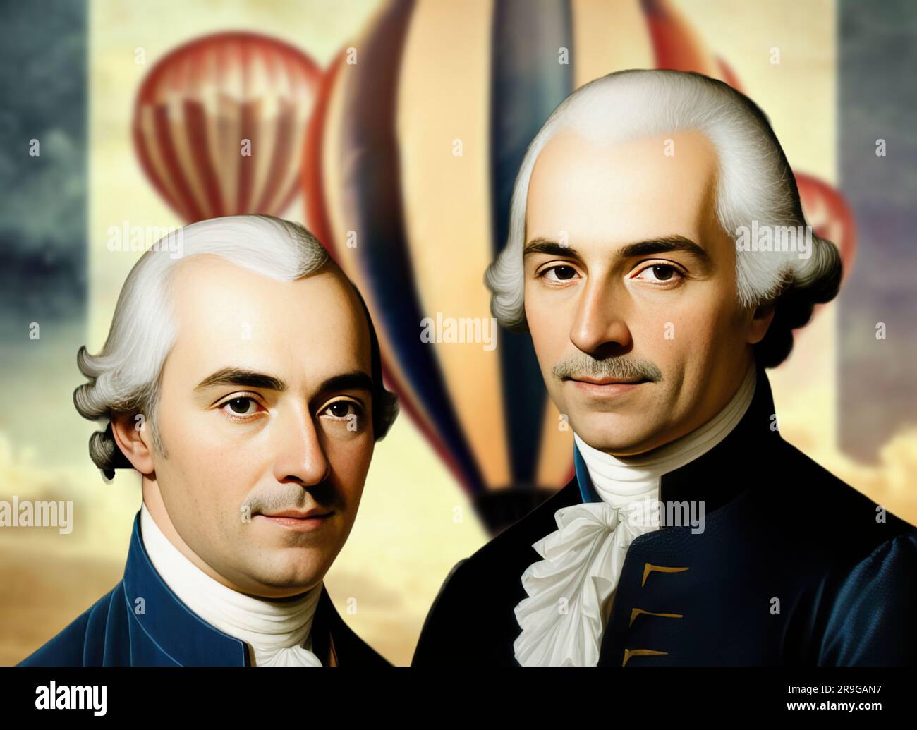 Die Brüder Joseph-Michel Montgolfier waren die Erfinder des Heißluftballons, eines mittels des aerostatischen Betriebs dank der heißen Luft. Stockfoto