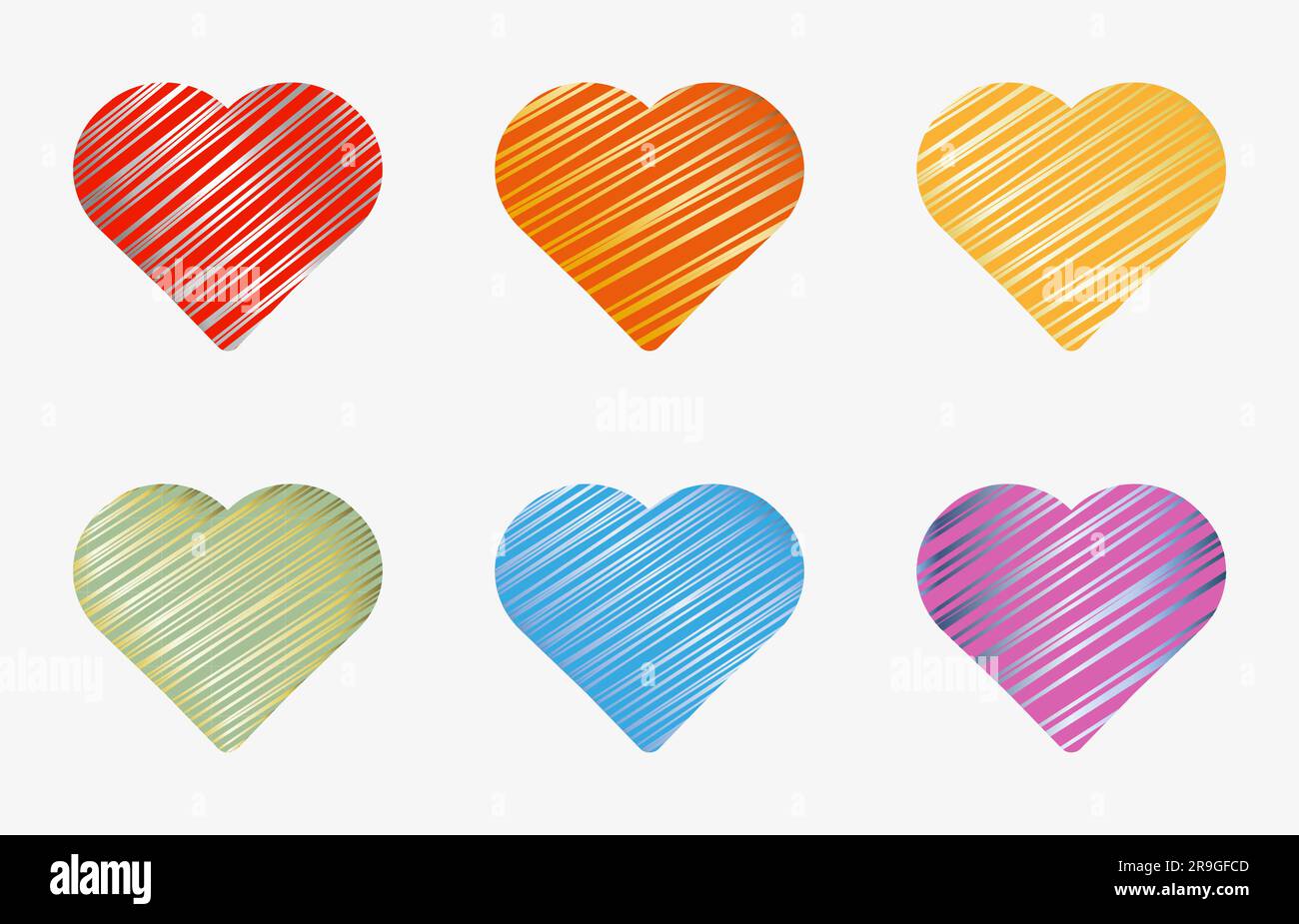 Verschiedene Farben Hearts Kollektion glänzende Kritzeleien auf Herzform Designelemente Set 3D Vektordarstellung isoliert auf weißem Hintergrund Stock Vektor