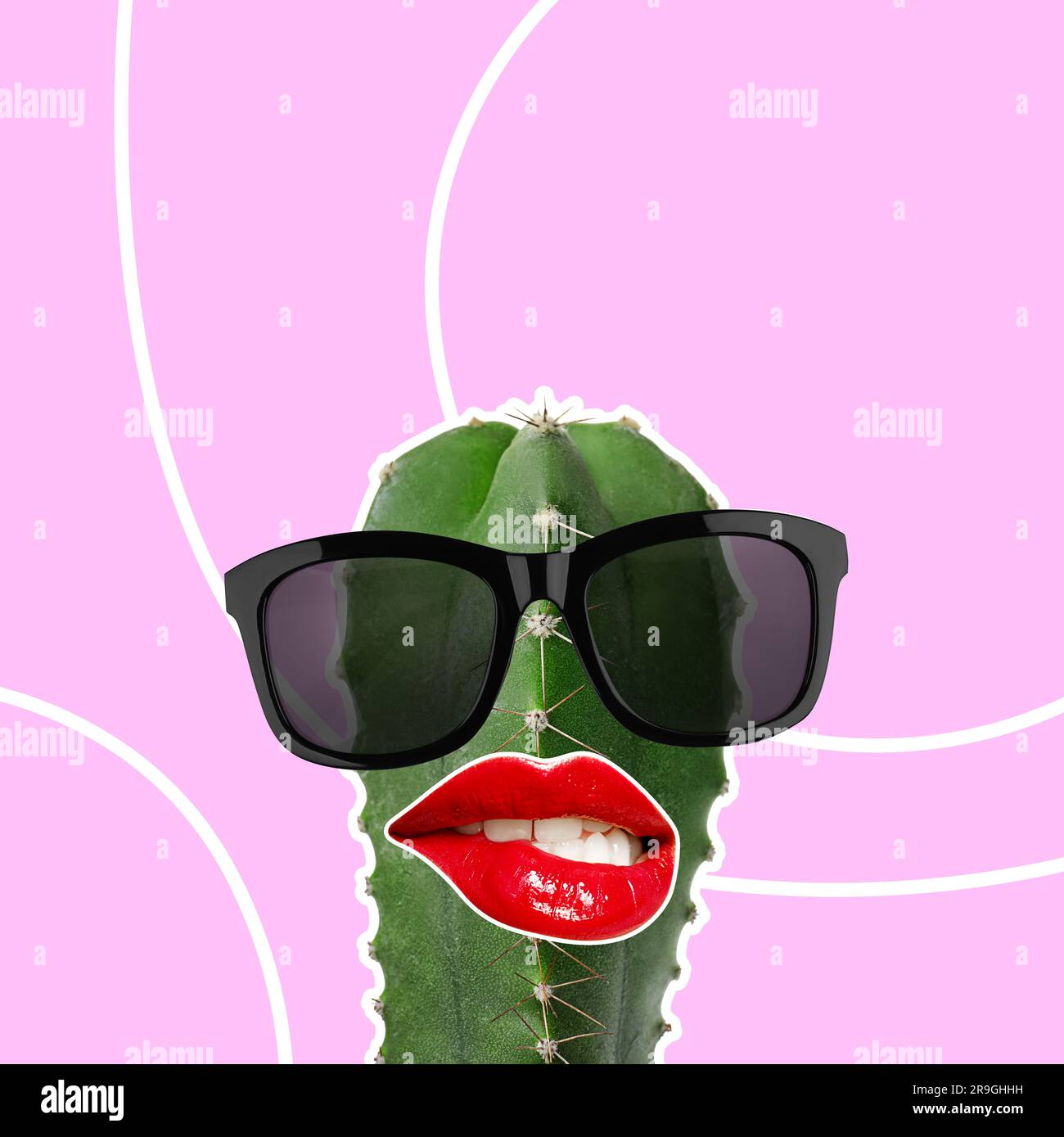 Stilvolle Kunstcollage. Kaktus mit Sonnenbrille beißt Lippe auf rosa Hintergrund Stockfoto