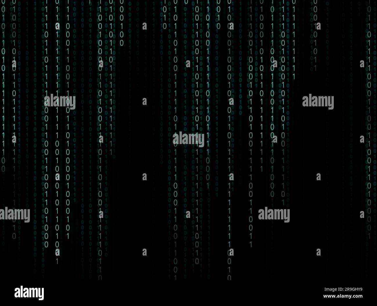 Binärcode im digitalen Raum. 1s und 0s auf schwarzem Hintergrund Stockfoto