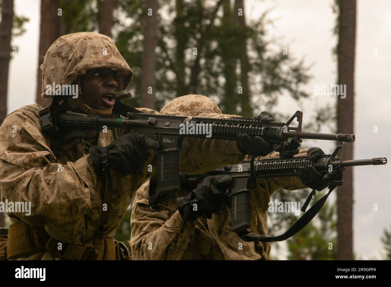 Rekruten bei Kilo Company, 3. Recruit Training Battalion, manövrieren den Kurs der Tagesbewegung im Marine Corps Recruit Depot Parris Island, S.C., 22. Juni 2023. In diesem Teil des Recruit Trainings wird den Rekruten gezeigt, wie sie sich als Team zusammentun, Hindernisse richtig beseitigen und Sicherheitskräfte posten können. (USA Marinekorps Foto von PFC Casey Cooper) Stockfoto