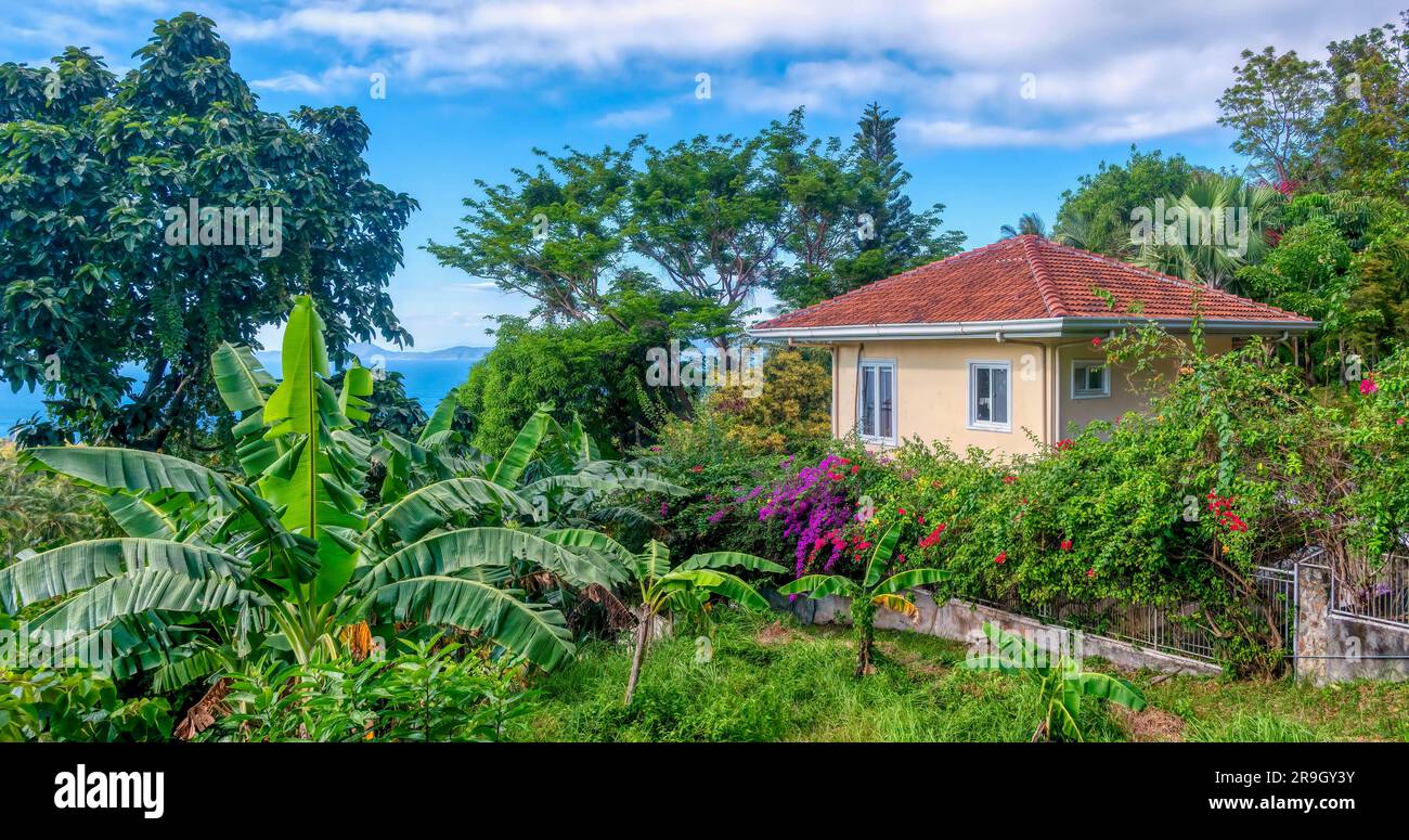 Ein Haus auf einem Hügel mit Blick auf das Meer auf den Philippinen, umgeben von einem üppigen, tropischen Garten voller Grün und farbenfroher Bougainvillea. Stockfoto