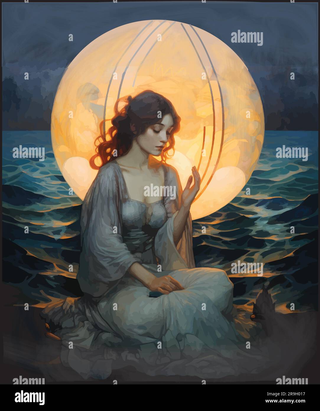 Frau, die am Strand am Ufer sitzt, mit vergrößertem Mond hinter ihr Stock Vektor