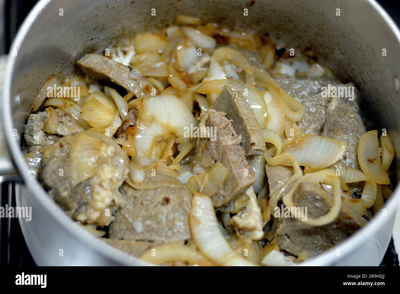 Stücke von gehacktem Rindfleisch, auf heißem Dampf gekocht, mit Zwiebelscheiben, Salz und schwarzem Pfeffer, Lorbeerblätter und Kardamom, Rindfleischstücke gekocht, Fleisch Stockfoto