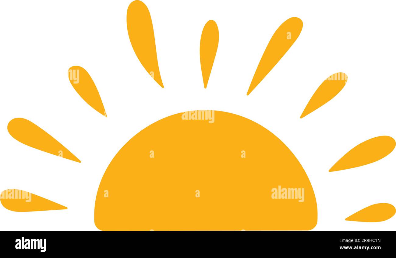 Gelbes Sonnensymbol im Doodle-Stil. Handgezeichneter Sonnenuntergang einfaches grafisches Symbol. Symbol für Sommerhitze. Halbrundes Solarelement. Vektordarstellung Stock Vektor