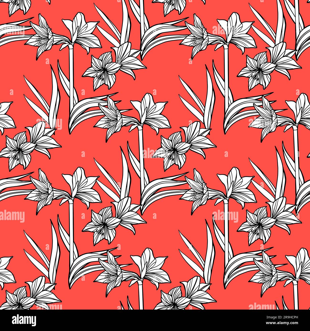 Hippeastrum amaryllis lilly Blütenmuster. Eleganter, zarter Blumenstrauß im Blattwerk. Darstellung des Vektorentwurfs. Stock Vektor