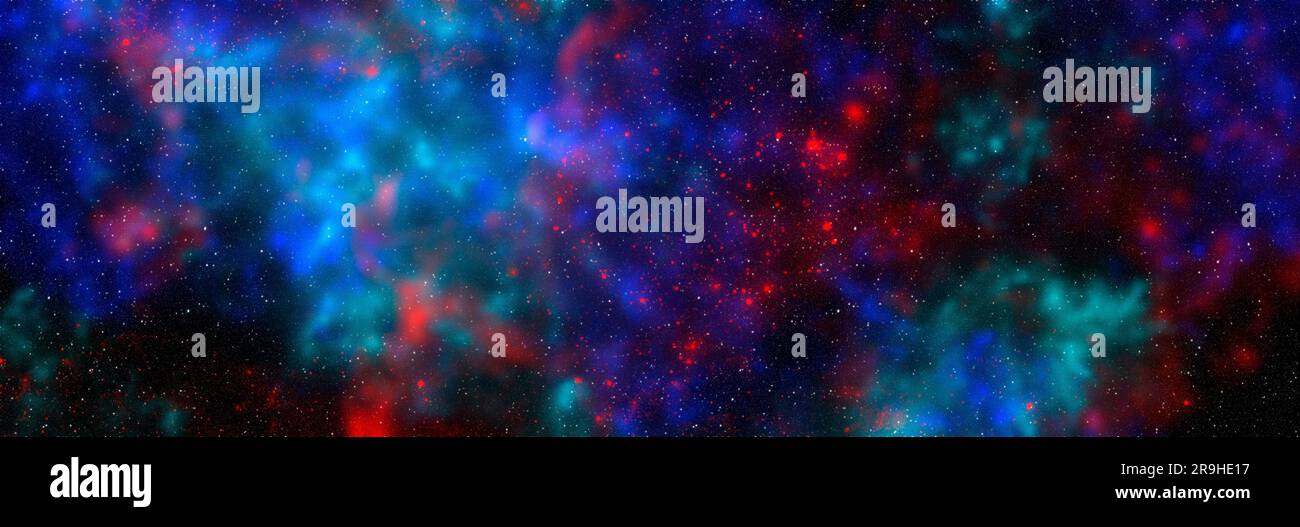 Weltraumhintergrund mit Sternenstaub und strahlenden Sternen. Realistischer Kosmos und Farbnebel. Farbenfrohe Galaxie. 3D Abbildung. Stockfoto