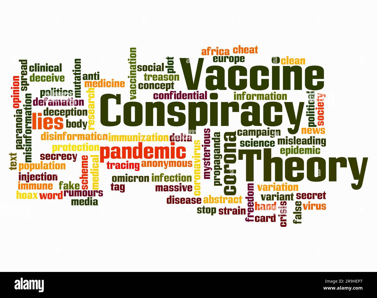 Wortwolke mit IMPFSTOFF VERSCHWÖRUNGSTHEORIE Konzept nur mit Text erstellen. Stockfoto