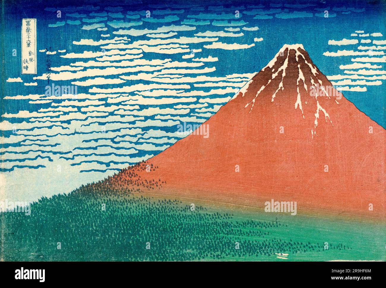 Katsushika Hokusai, Fine Wind, Clear Weather (Gaifu kaisei), auch bekannt als Red Fuji, Holzschnitt mit Tinte und Farbe auf Papier, 1830-1831 Stockfoto