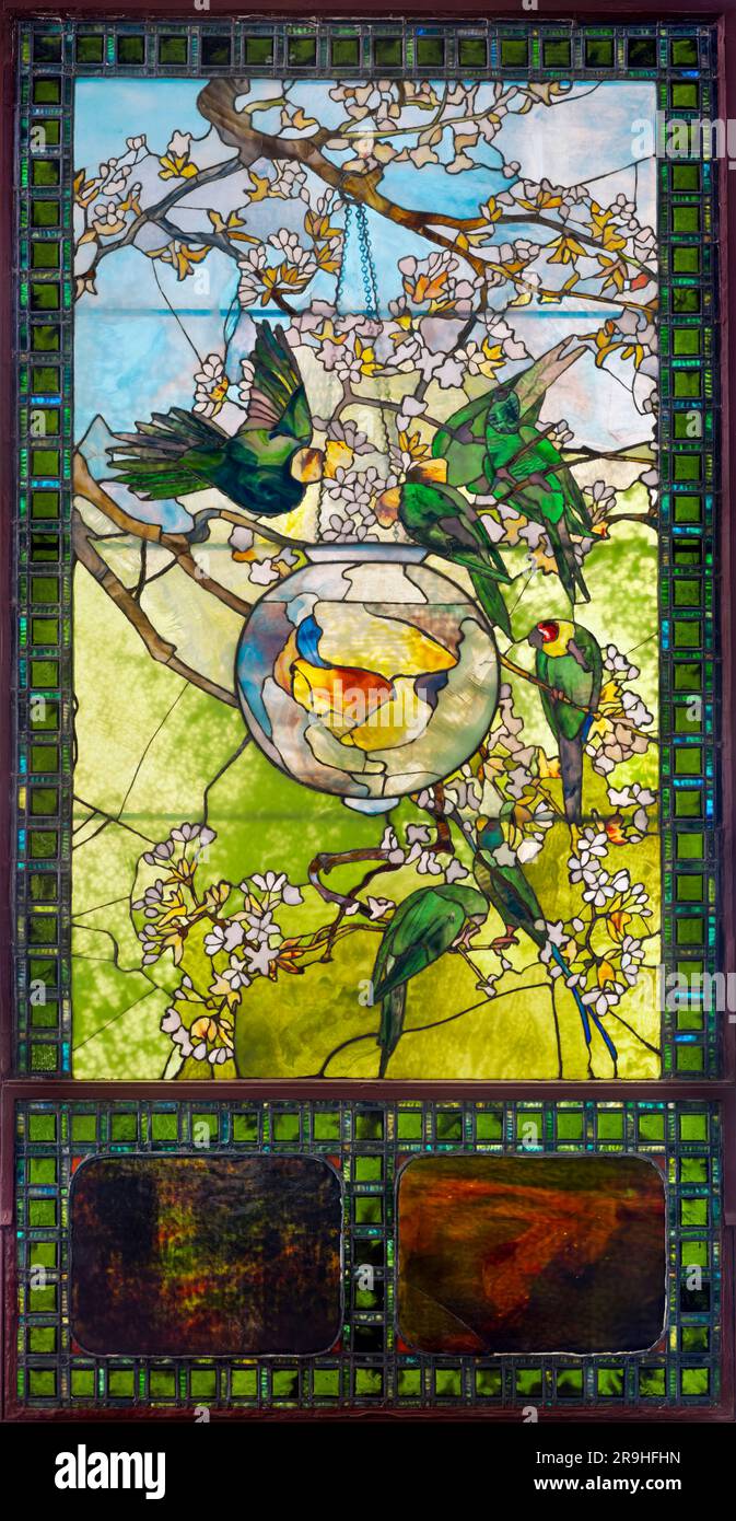Louis Comfort Tiffany, Sittiche und goldene Fischschüssel, Buntglas 1893 Stockfoto