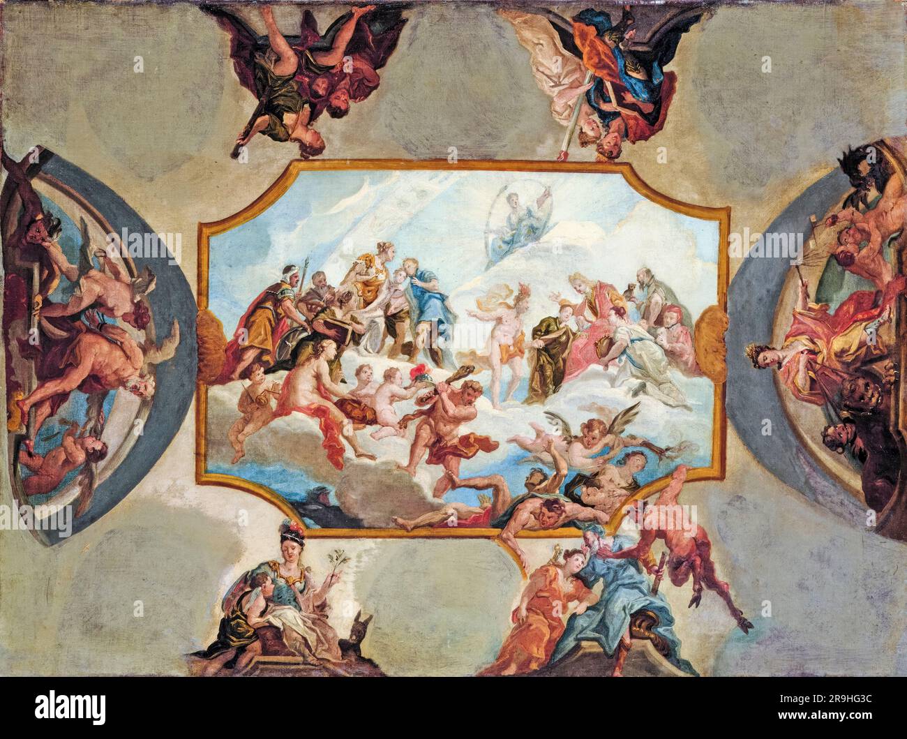 Antonio Bellucci, Ehrfurcht vor Elektor Johann Wilhelm von der Pfalz, Deckenmalerei für Schloss Bensberg, Ölgemälde auf Leinwand, 1708-1709 Stockfoto