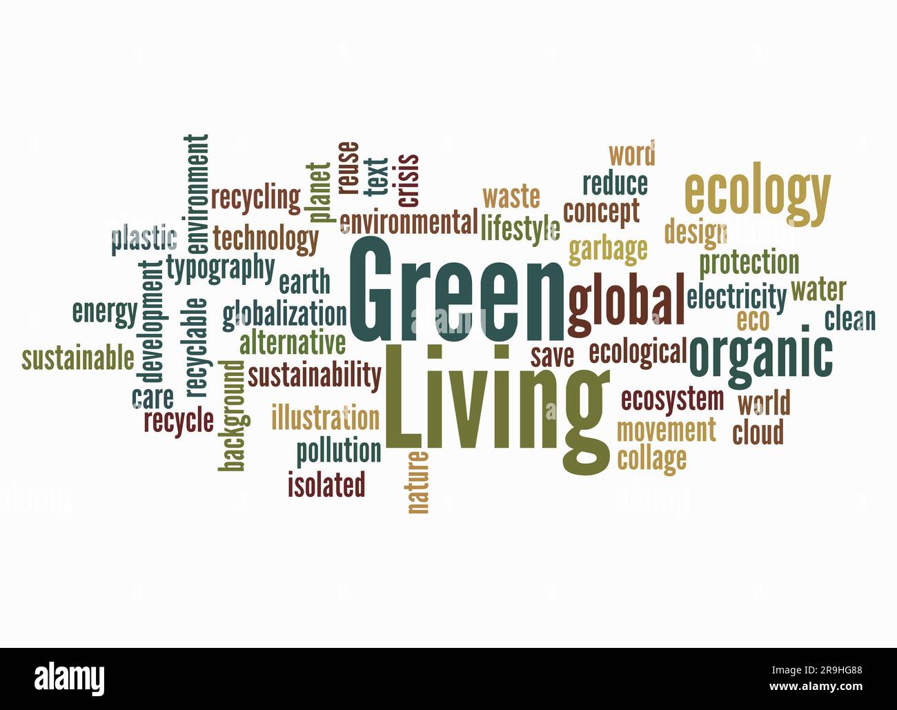 Word Cloud mit GREEN LIVING Konzept nur mit Text erstellen. Stockfoto