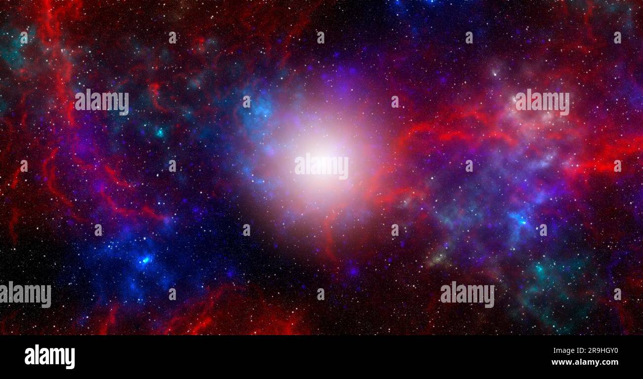 Weltraumhintergrund mit Sternenstaub und strahlenden Sternen. Realistischer Kosmos und Farbnebel. Farbenfrohe Galaxie. 3D Abbildung. Stockfoto