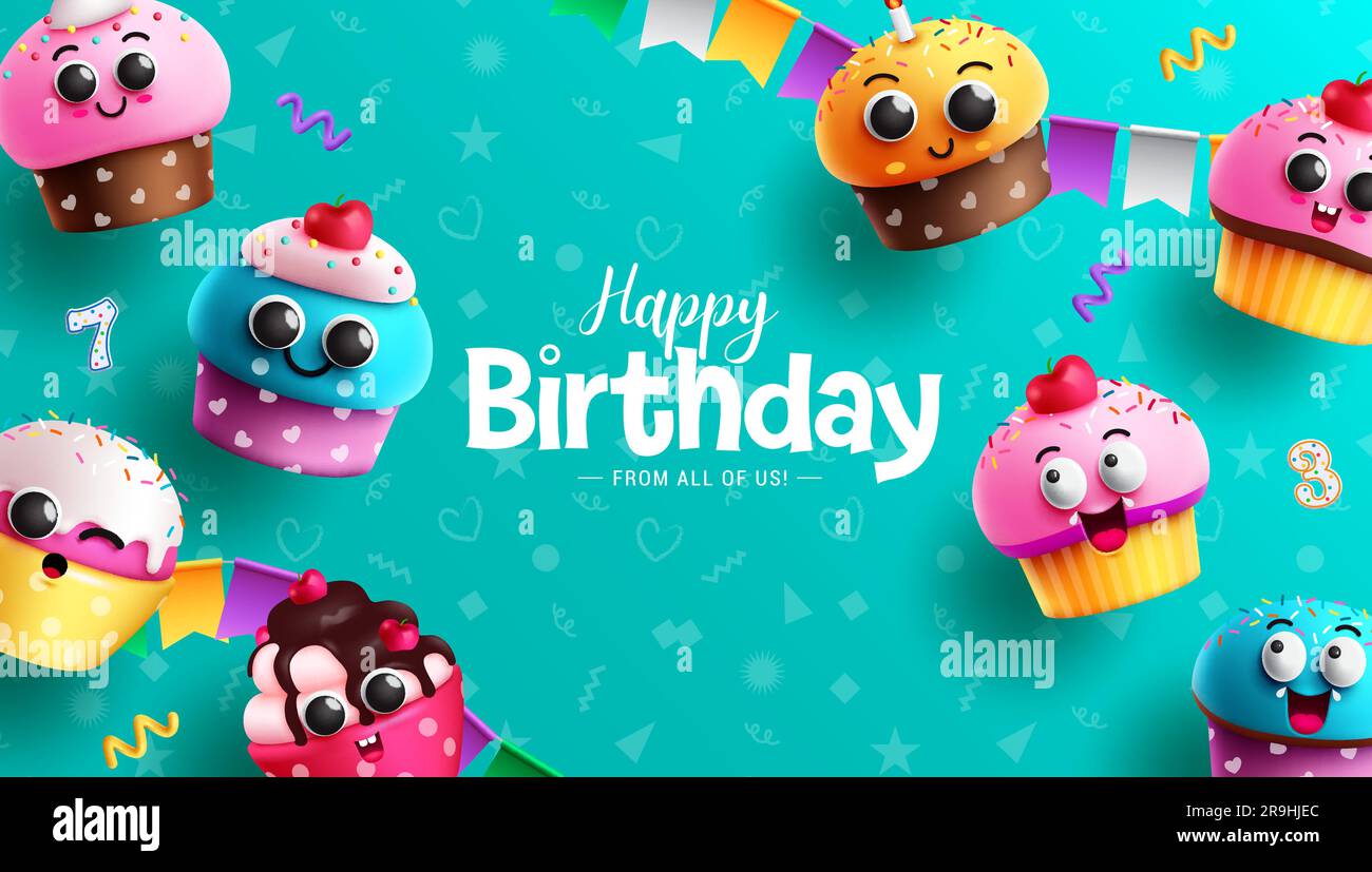 Happy Birthday Text Vector Design. Geburtstagstext mit niedlichen Cupcakes auf kritzelblauem Hintergrund für Karten- und Einladungsvorlage. Vektor Stock Vektor